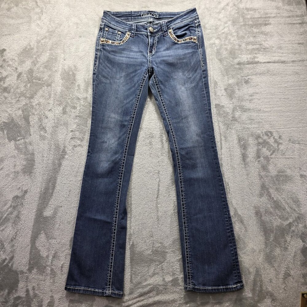 Grace in LA Jeans Womens 28 Blue Bootcut Embellished Pockets Stretch Denim Pants